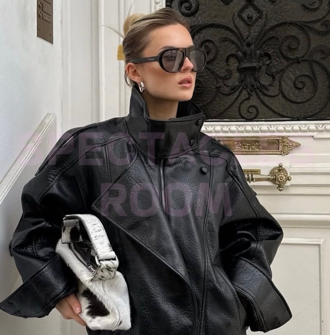 Black Leather Jacket with White Button Details