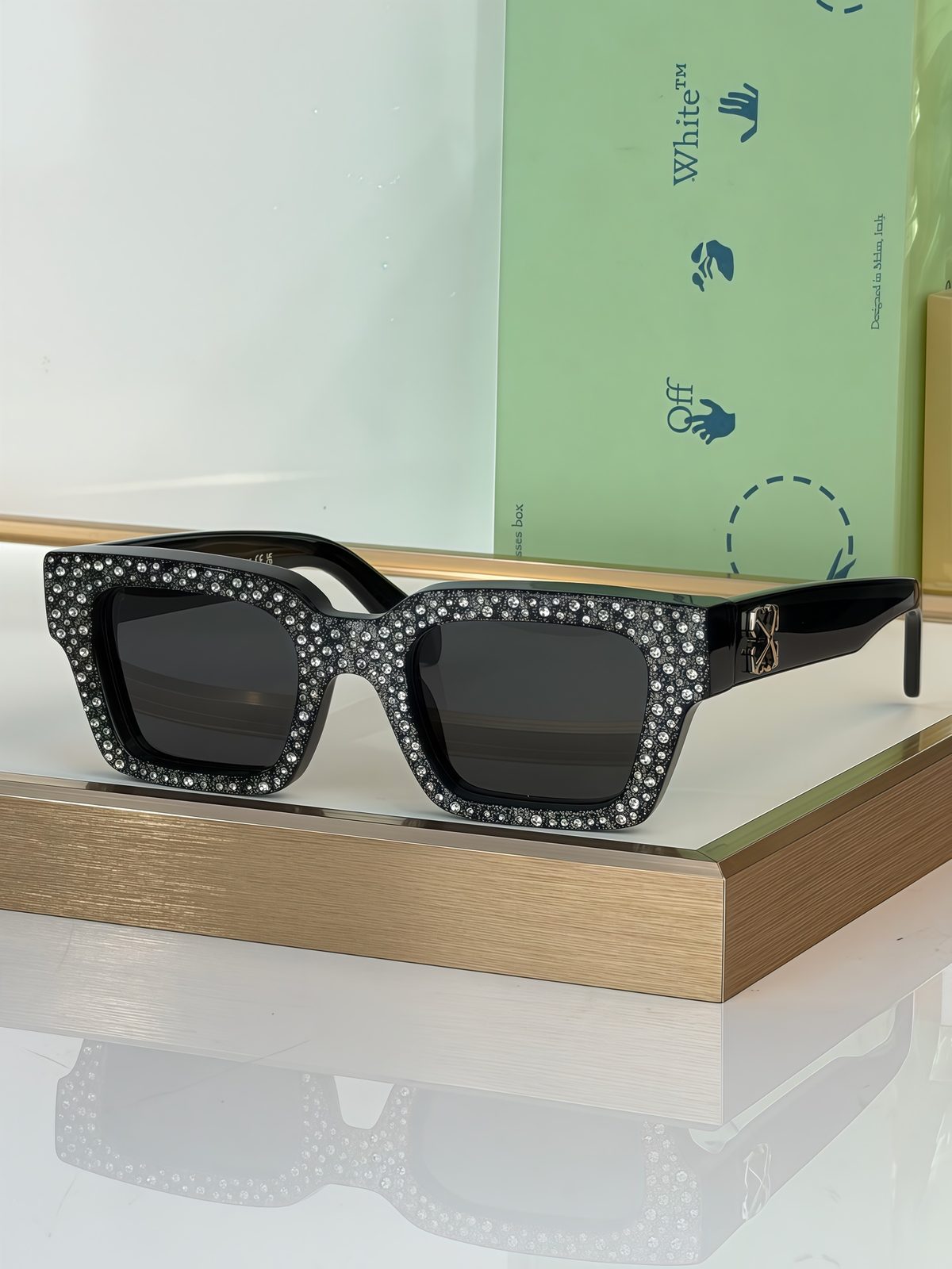 Off-White Rhinestone-Embellished Square Sunglasses