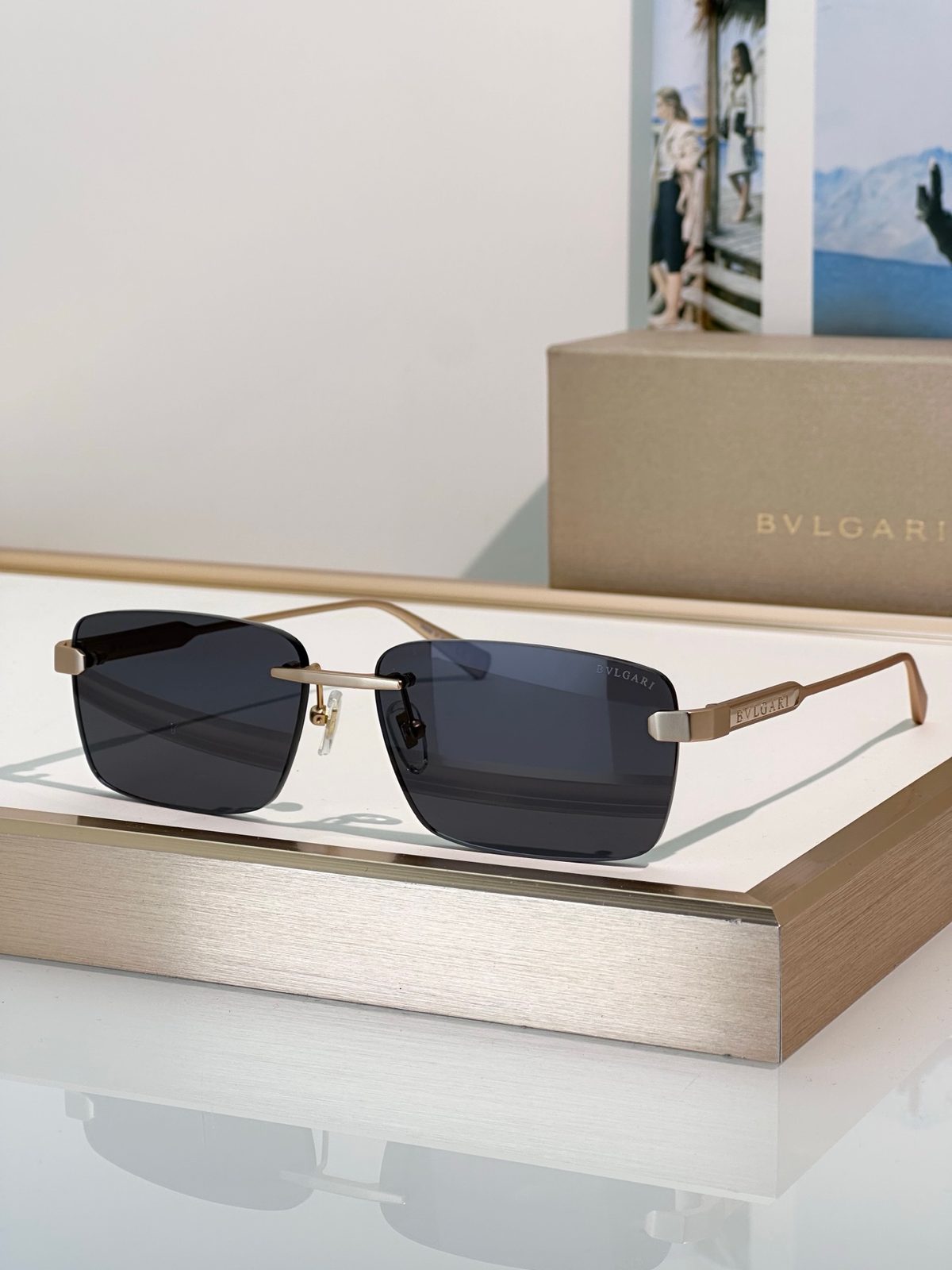 Bulgari Rectangular Metal Frame Sunglasses