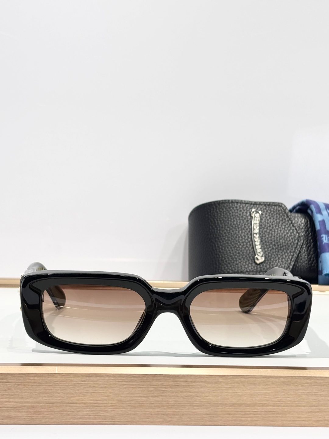 Black Acetate Rectangular Sunglasses with Gold Hardware