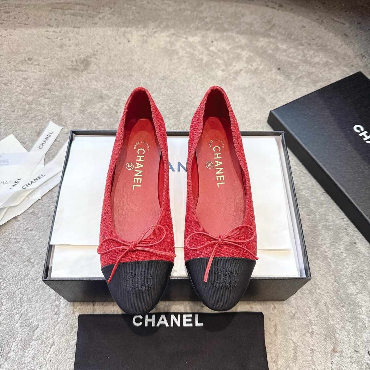 Chanel Red and Black Ballet Flats