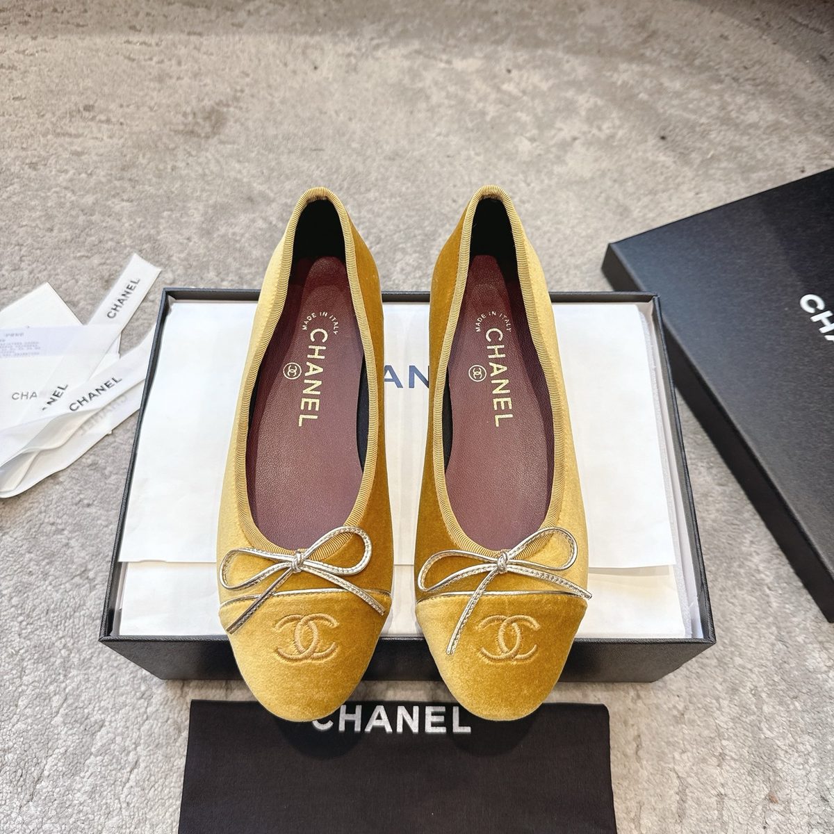 Chanel Velvet Ballet Flats Yellow Gold