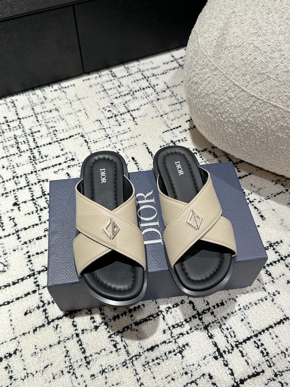 Dior Cream Leather Cross-Strap Slides