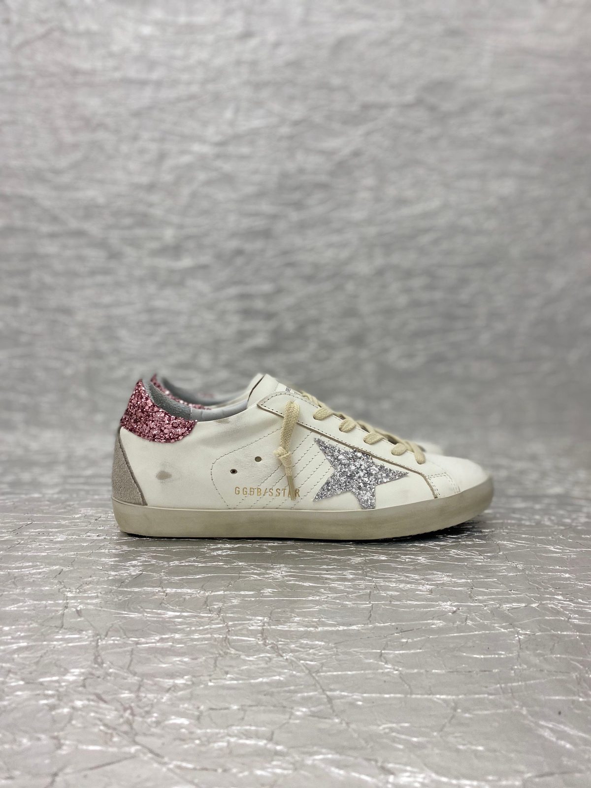 Golden Goose Superstar White Leather Silver Glitter Star Burgundy Heel