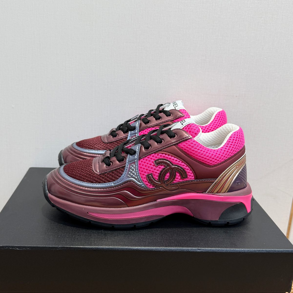 Chanel CC Logo Mesh Sneakers Pink Burgundy