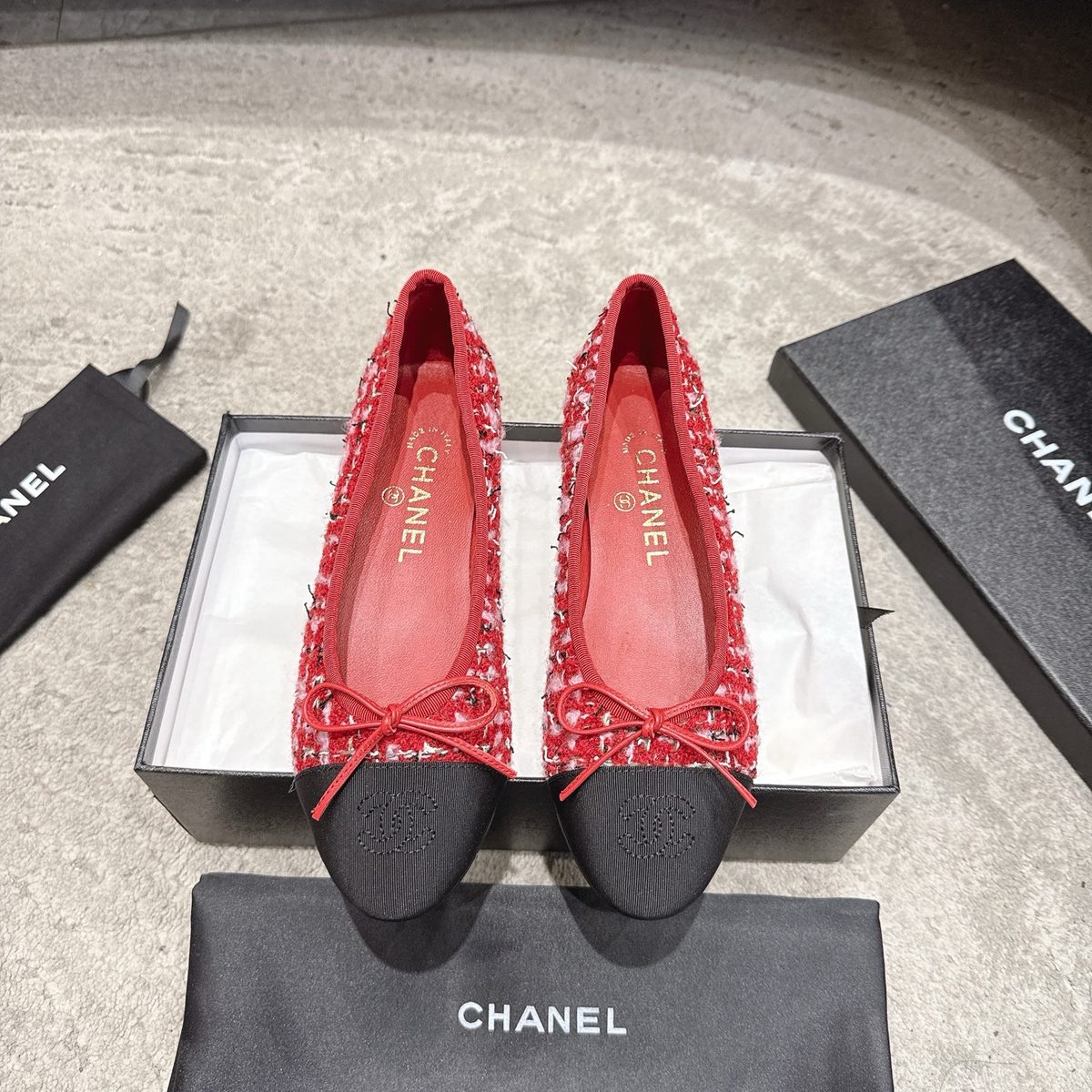 Chanel Ballet Flat Red Tweed Black Toe