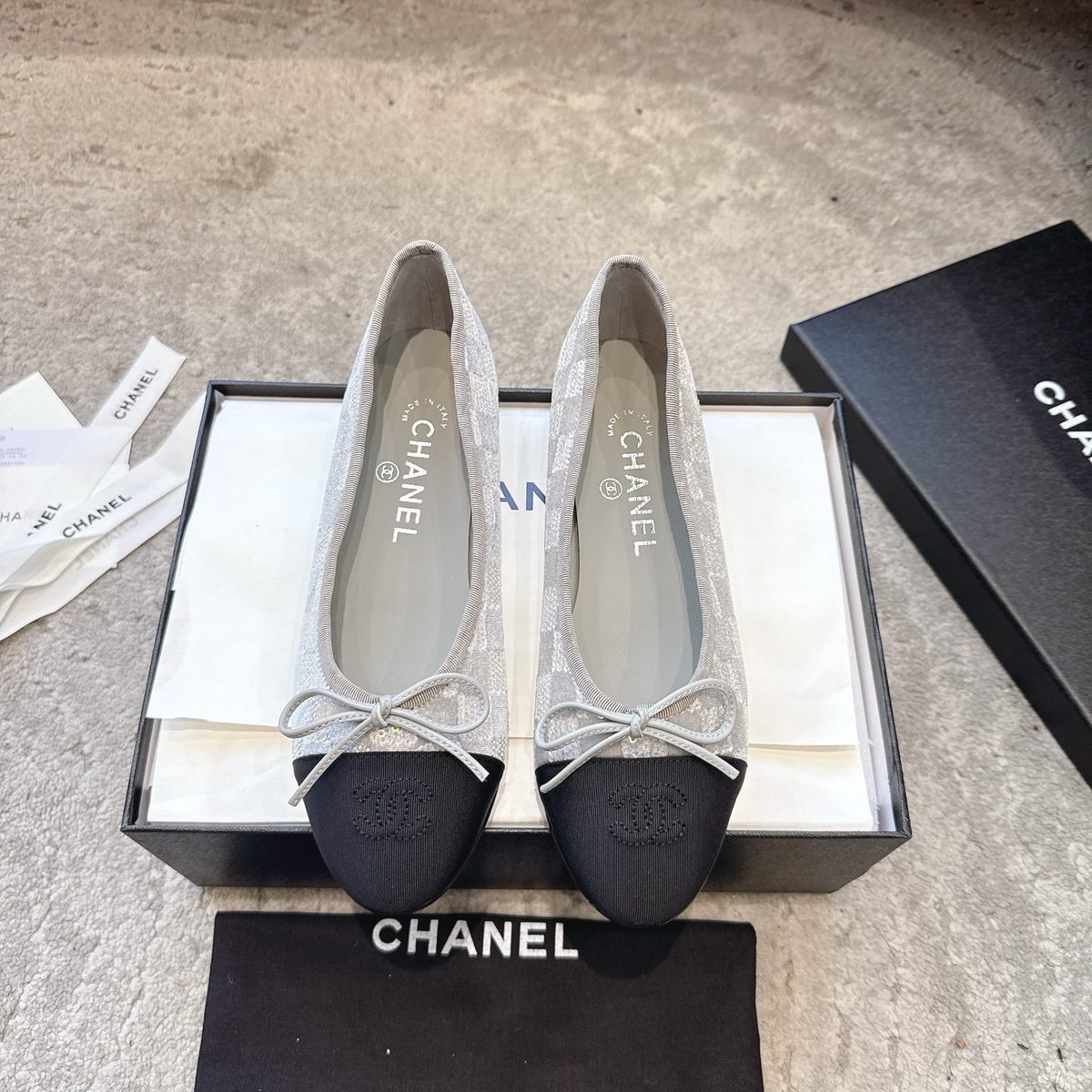 Chanel Tweed and Black Cap Toe Ballet Flats