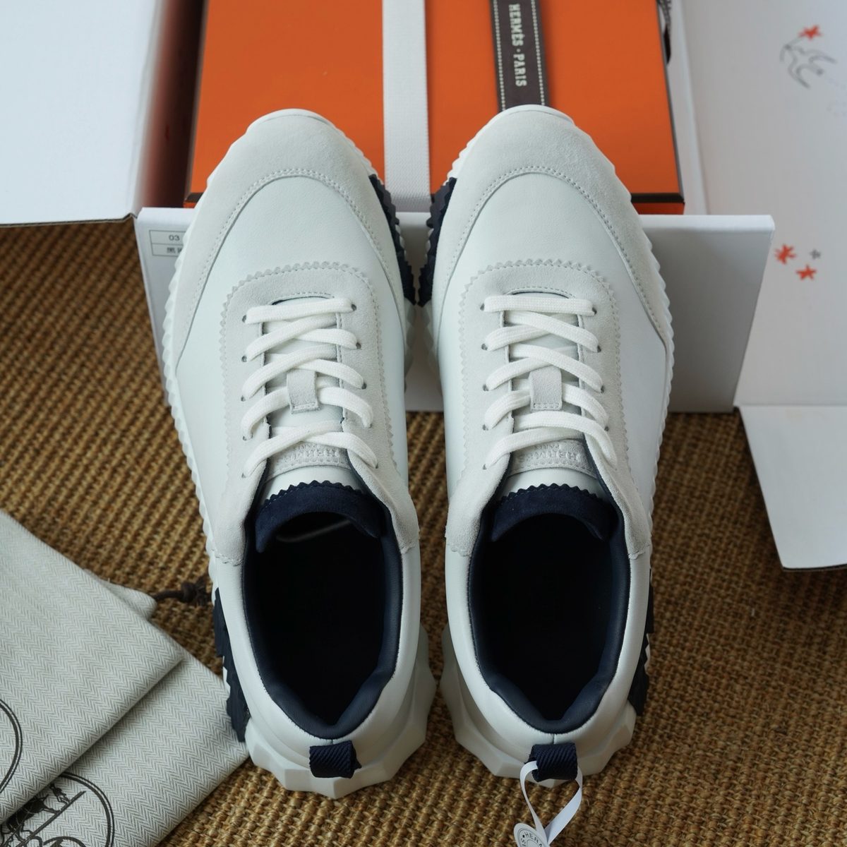 White Leather Low-Top Sneakers with Navy Accents