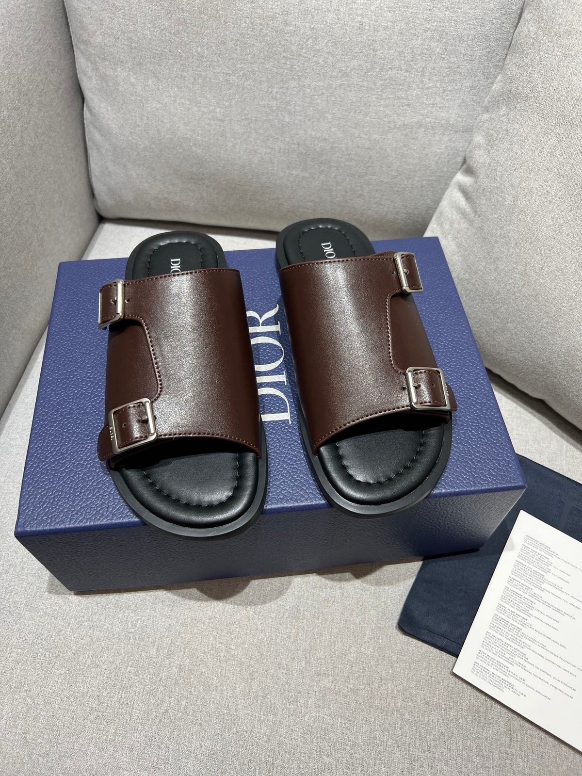 Dior Buckle Leather Slide Sandals Brown