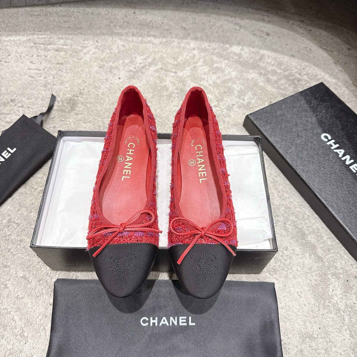 Chanel Red Tweed Leather Cap Toe Ballet Flats