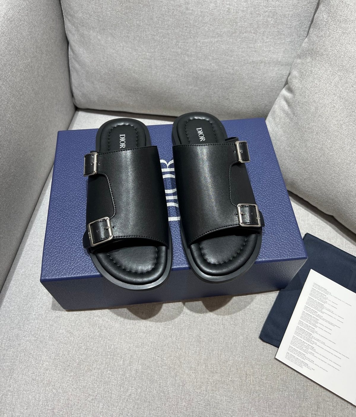 Dior Buckle Leather Slide Sandals Black