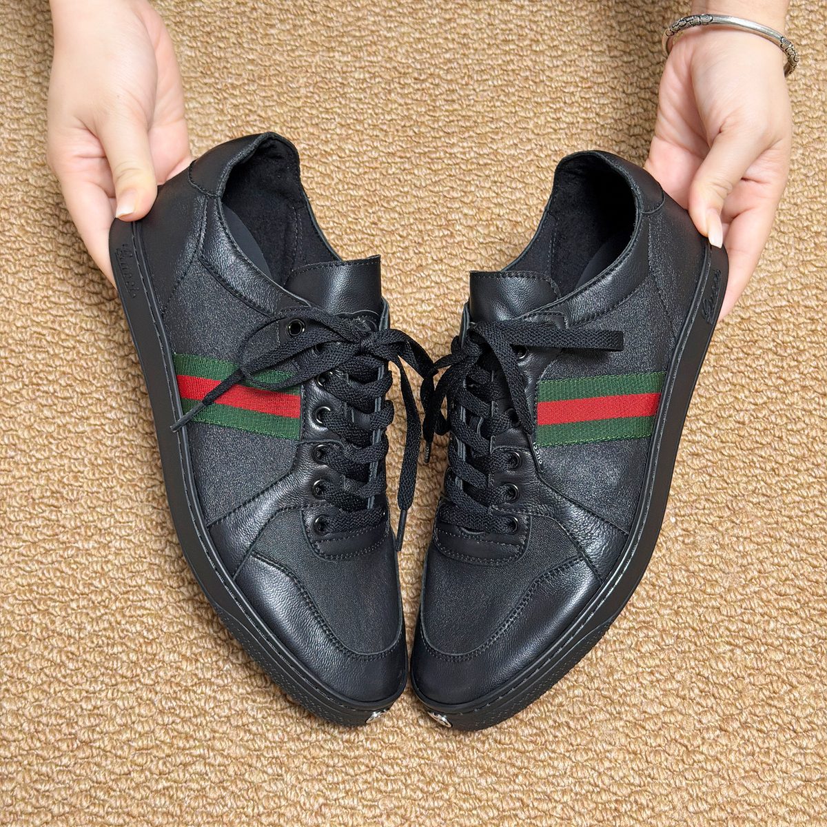 Gucci Screener Leather Sneaker Black with Red-Green Web Stripe