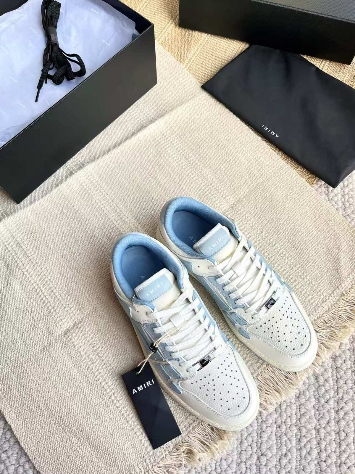 AMIRI White and Light Blue High-Top Sneakers