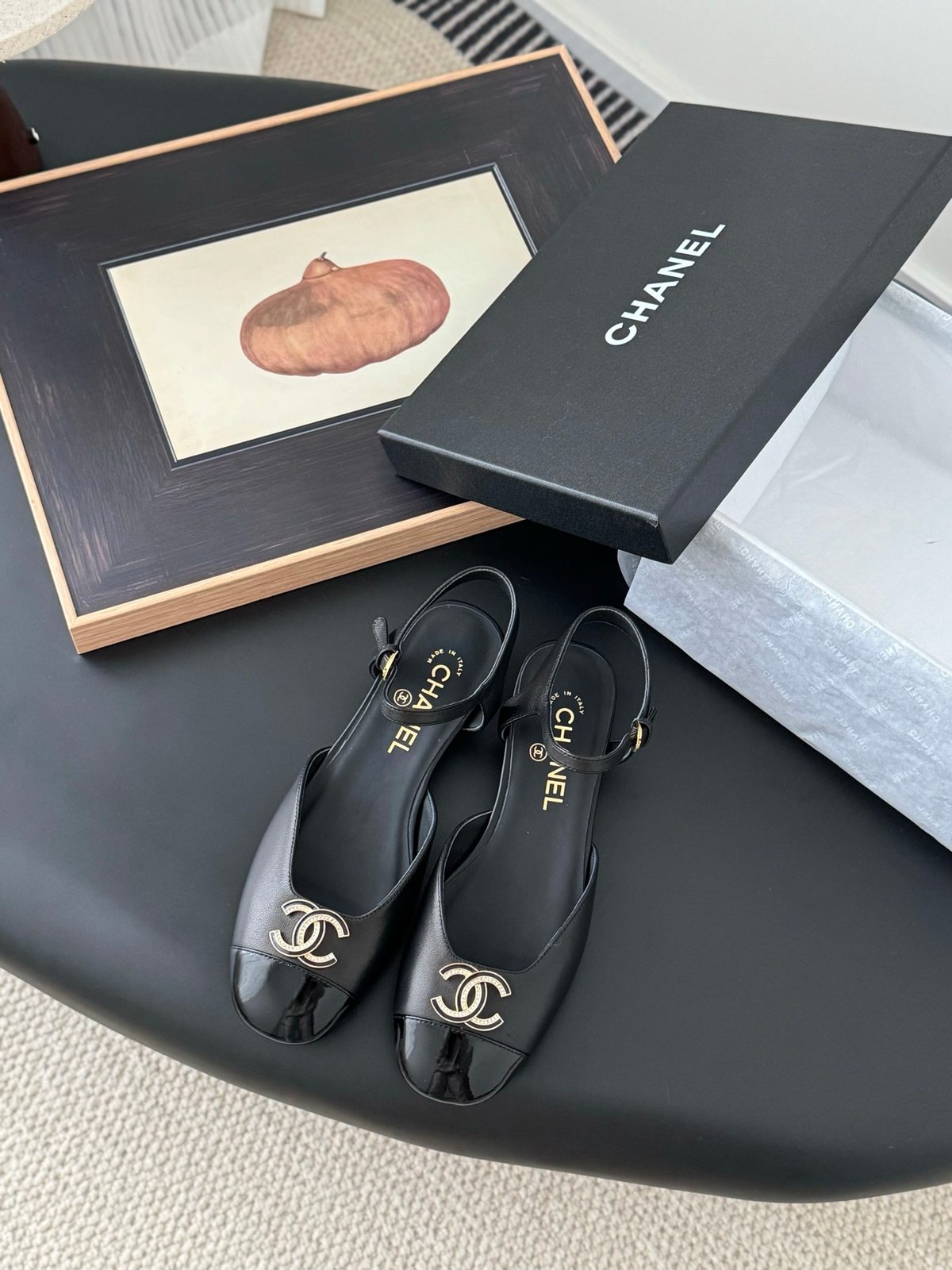 Chanel Black Patent Leather Slingback Flats