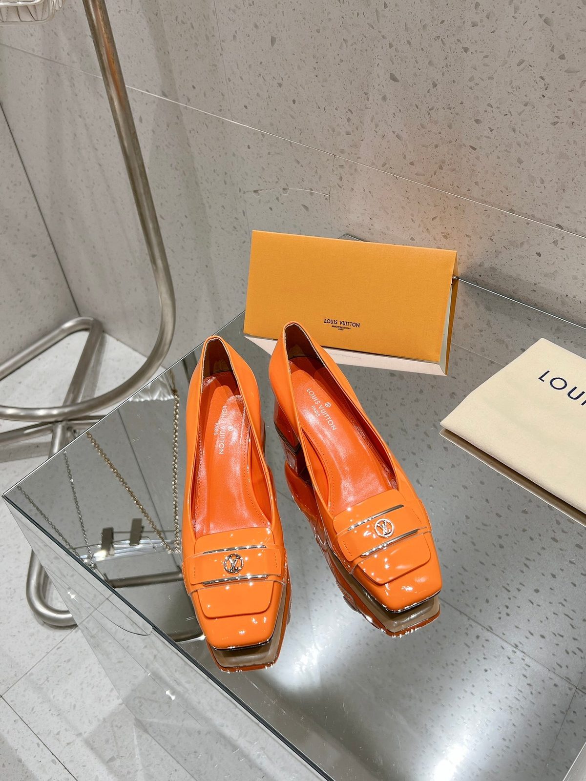 Louis Vuitton Orange Patent Leather Loafer Pumps