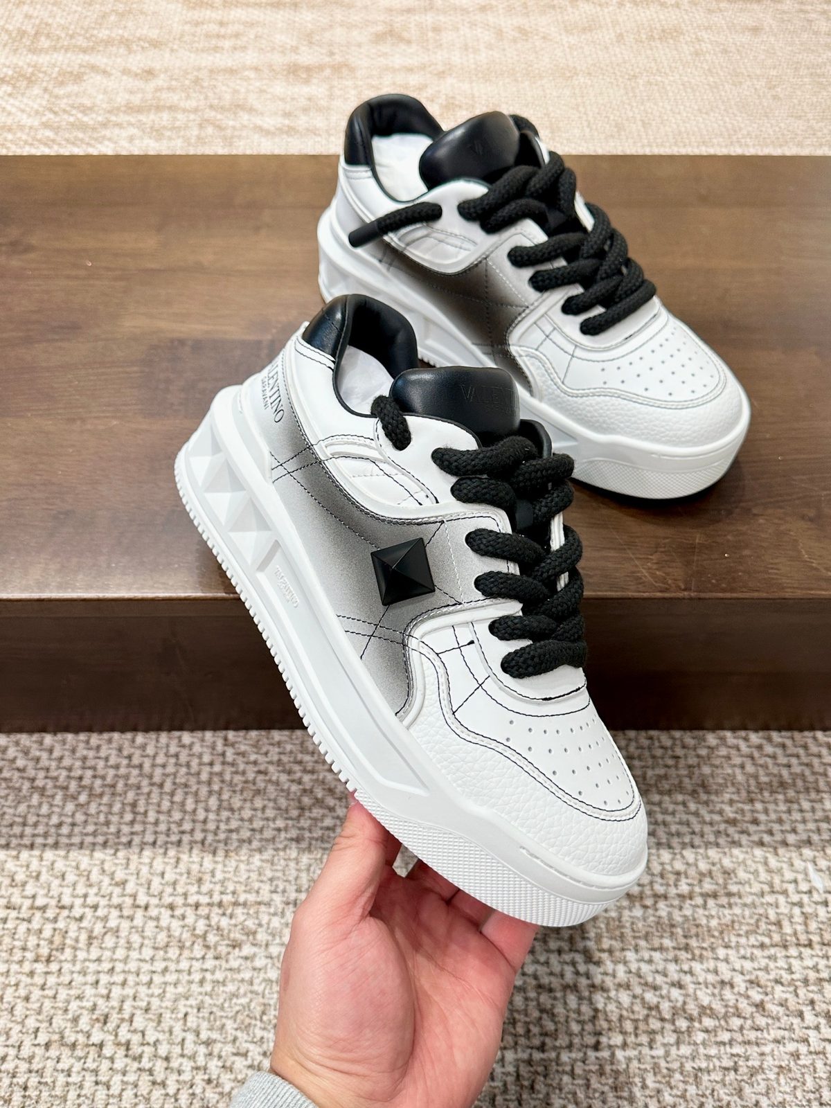 White and Black Leather Platform Sneakers