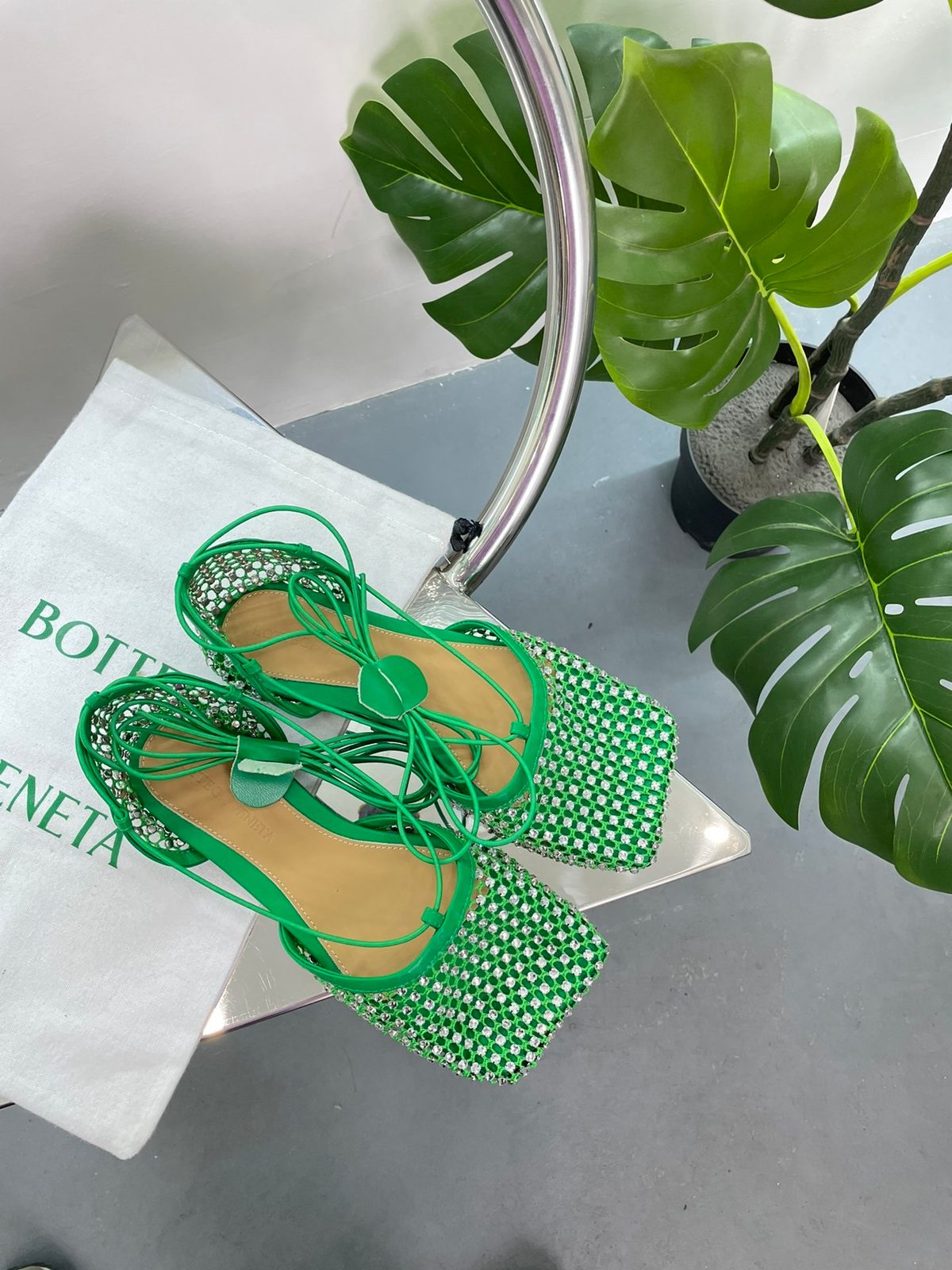 Bottega Veneta Green Crystal Lace-Up Flat Shoes