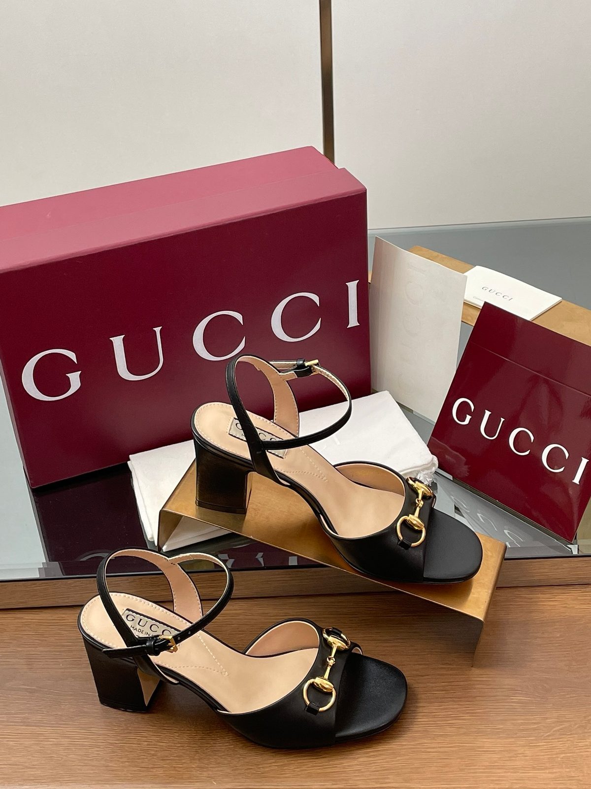 Gucci Horsebit Black Leather Block Heel Sandals