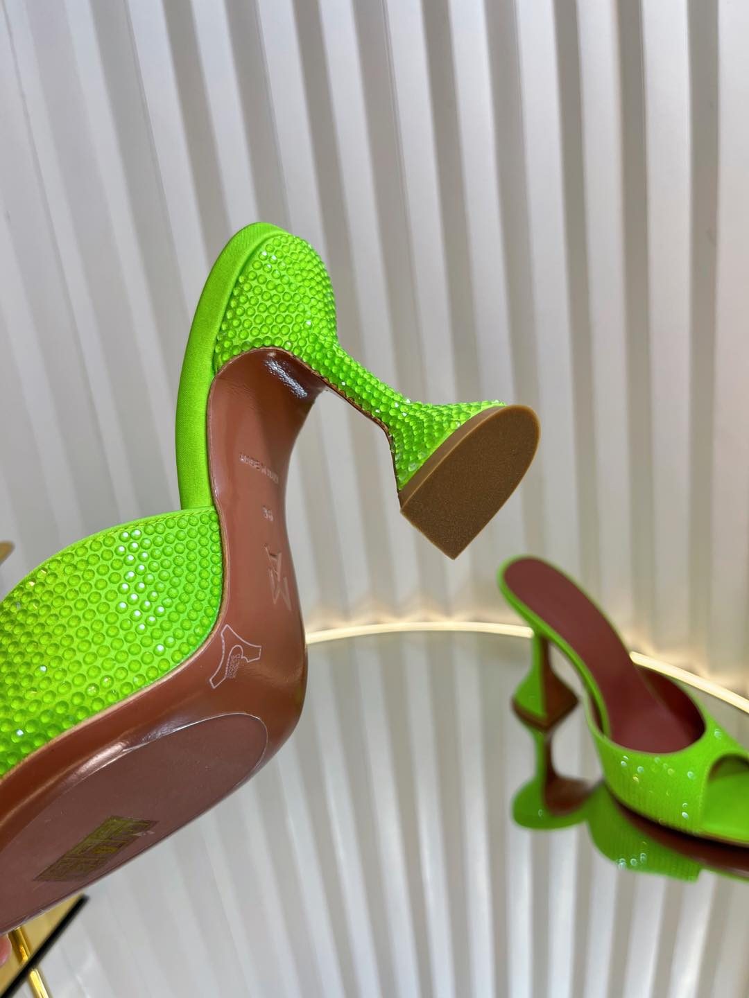 Amina Muaddi Neon Green Sequin Heeled Mules