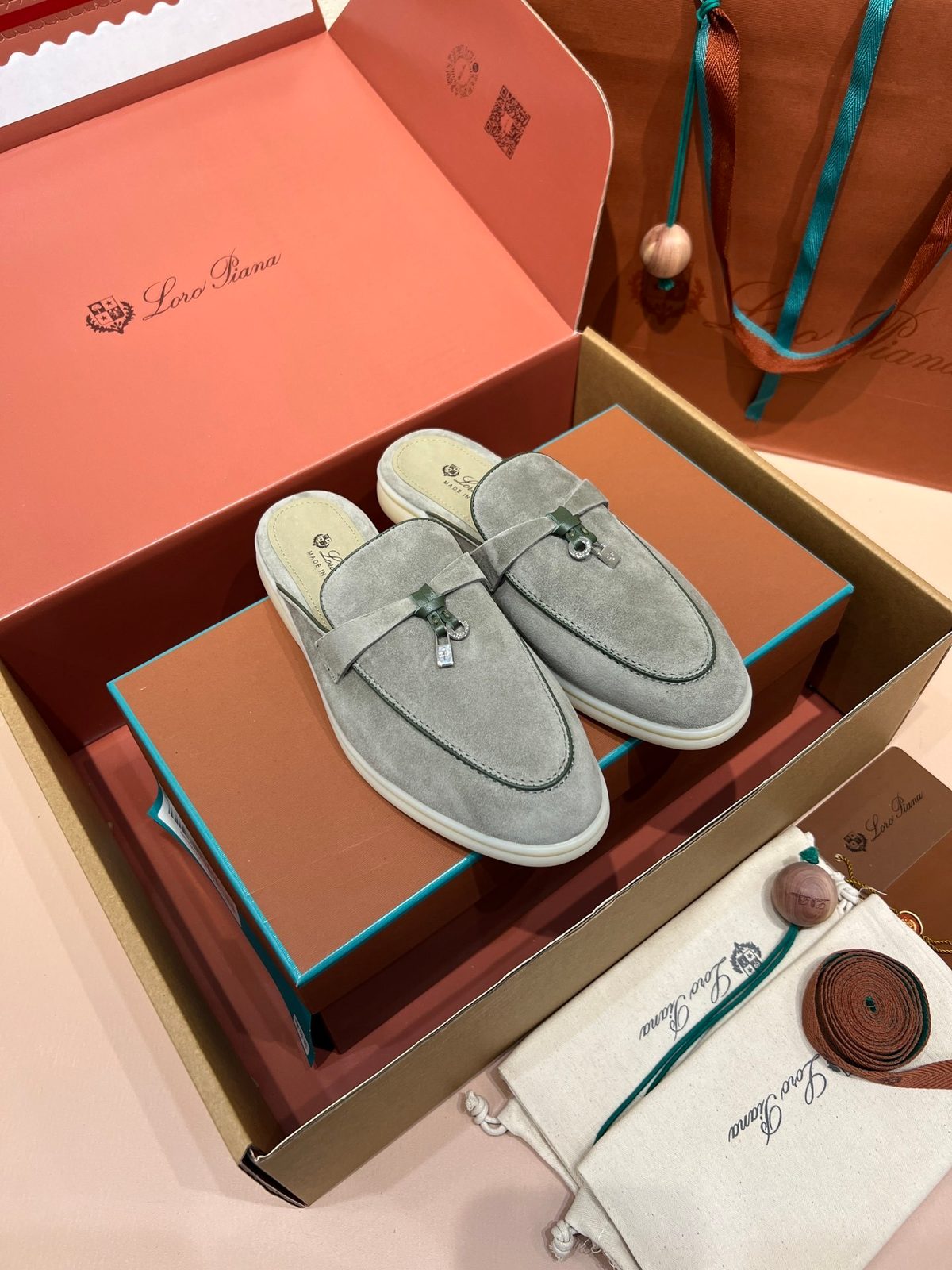 Loro Piana Gray Suede Loafer Mules