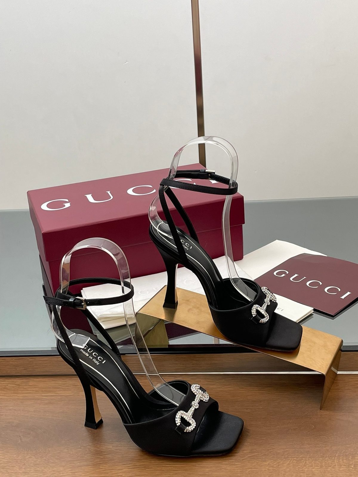 Gucci Black Satin Platform Sandals with Crystal Horsebit