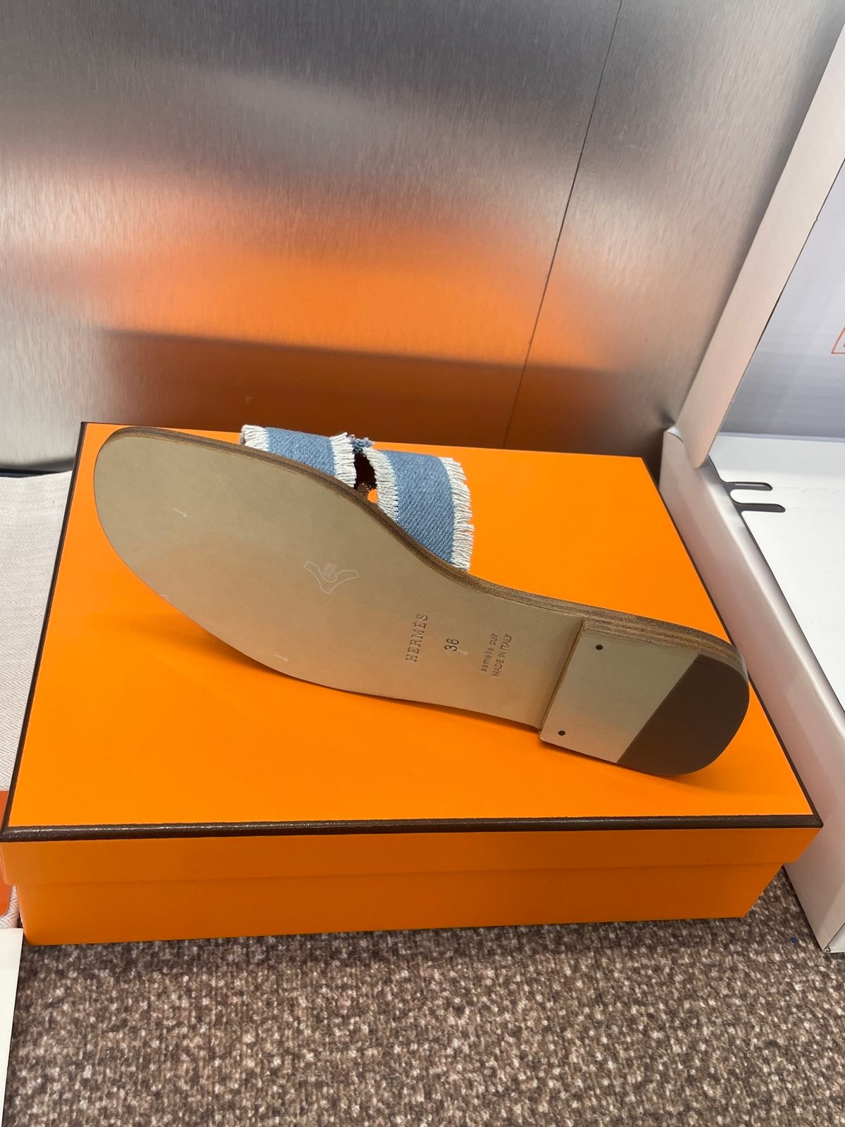 Hermès Leather Slide Sandal with Denim Strap