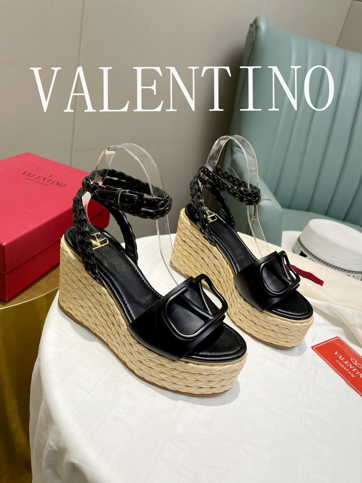 Valentino Black Leather Braided Wedge Sandals