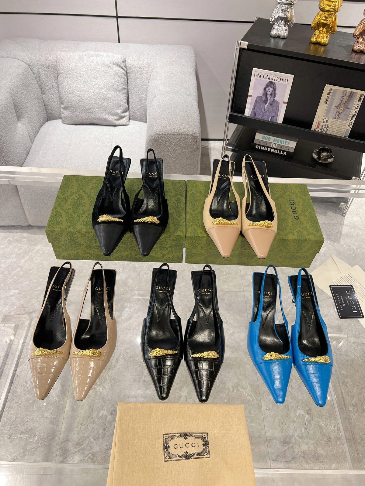 Gucci Gold-Trimmed Pointed-Toe Slingback Heels