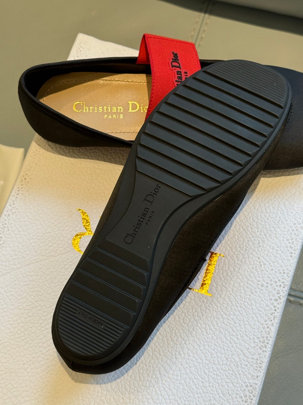 Christian Dior Black Suede Loafer with Red Strap