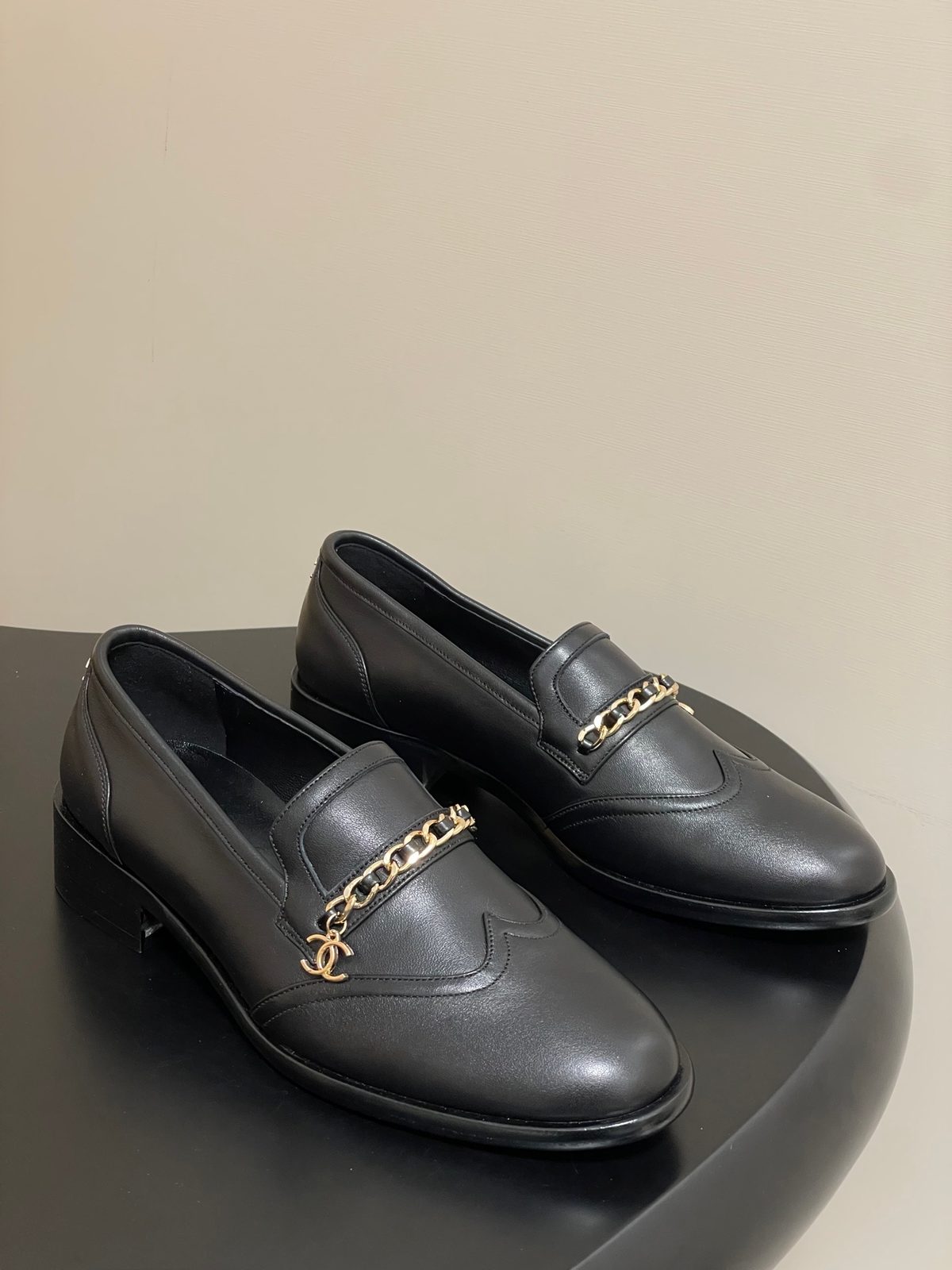 Chanel Black Leather Chain Loafers