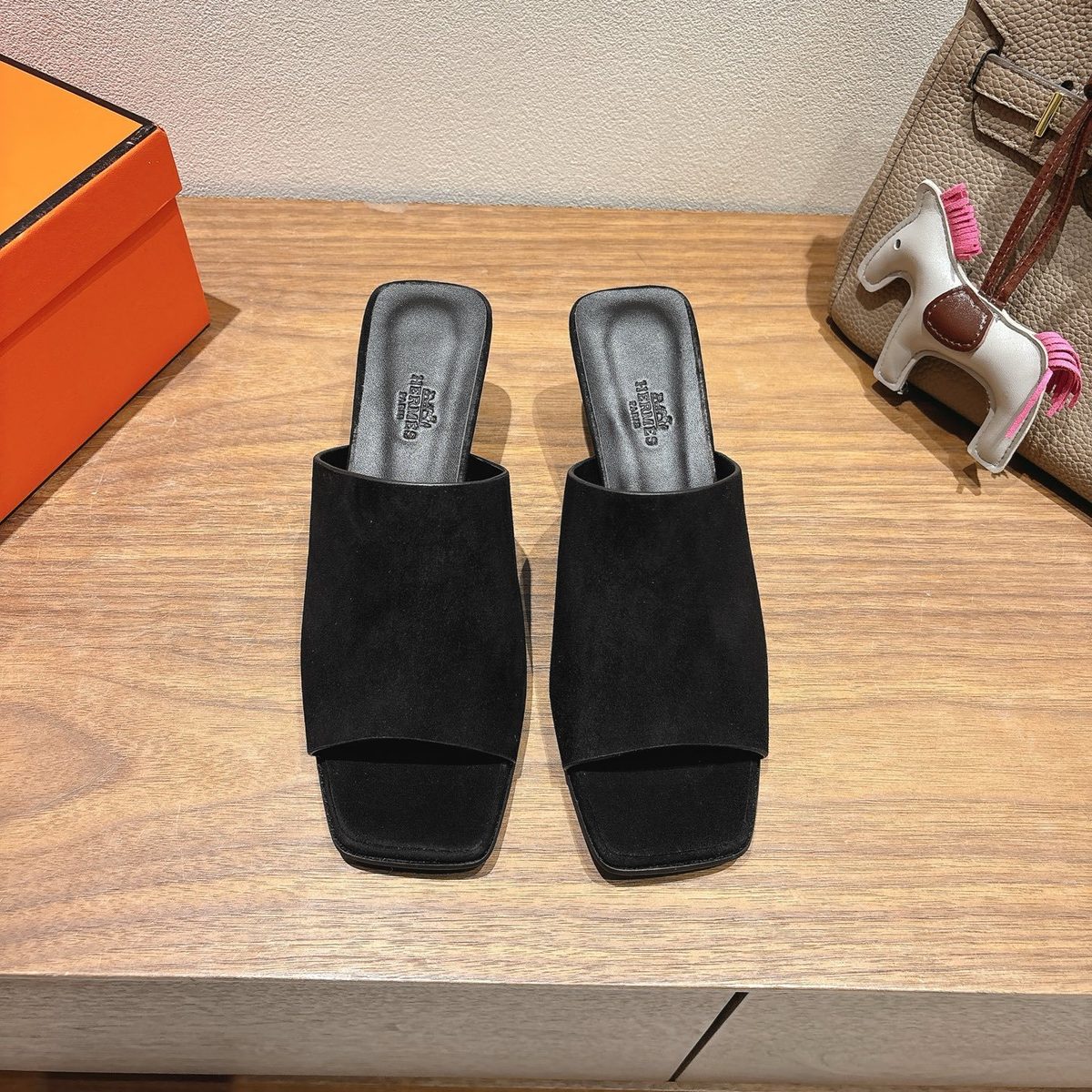 Hermès Black Suede Square Toe Mule Slides