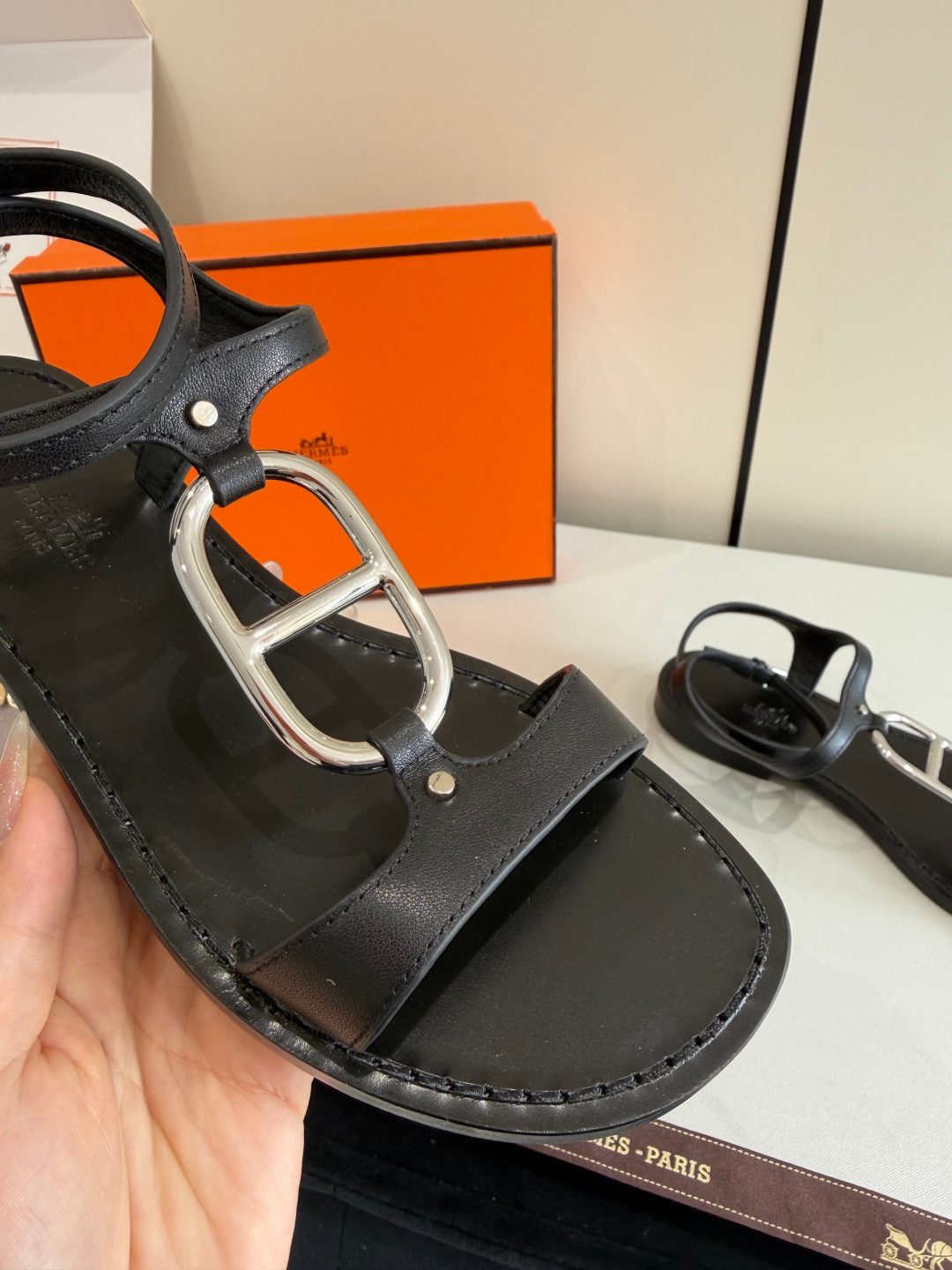 Hermès Black Leather Ankle Strap Sandal