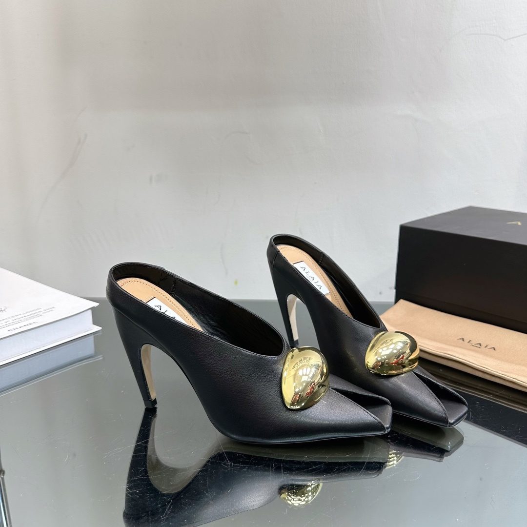 Alaia Black Leather Platform Mules Gold Hardware