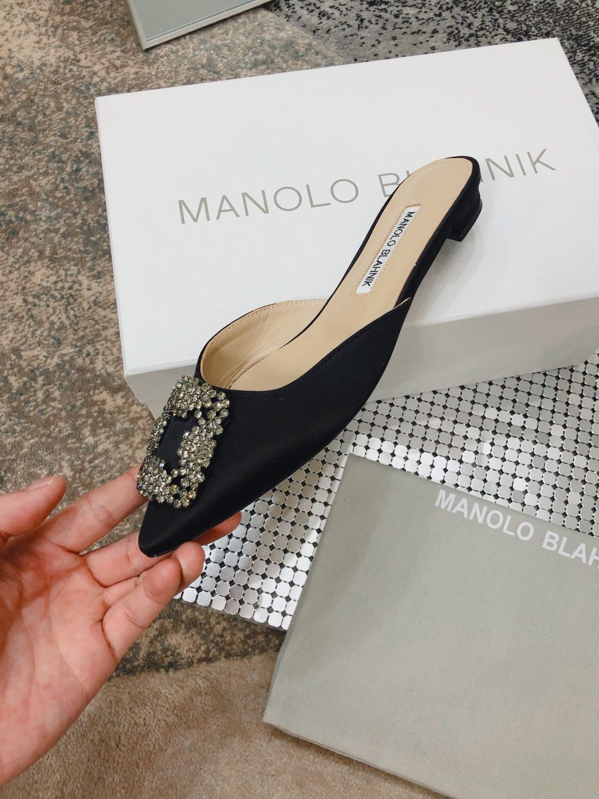 Manolo Blahnik Hangisi Crystal Buckle Mule