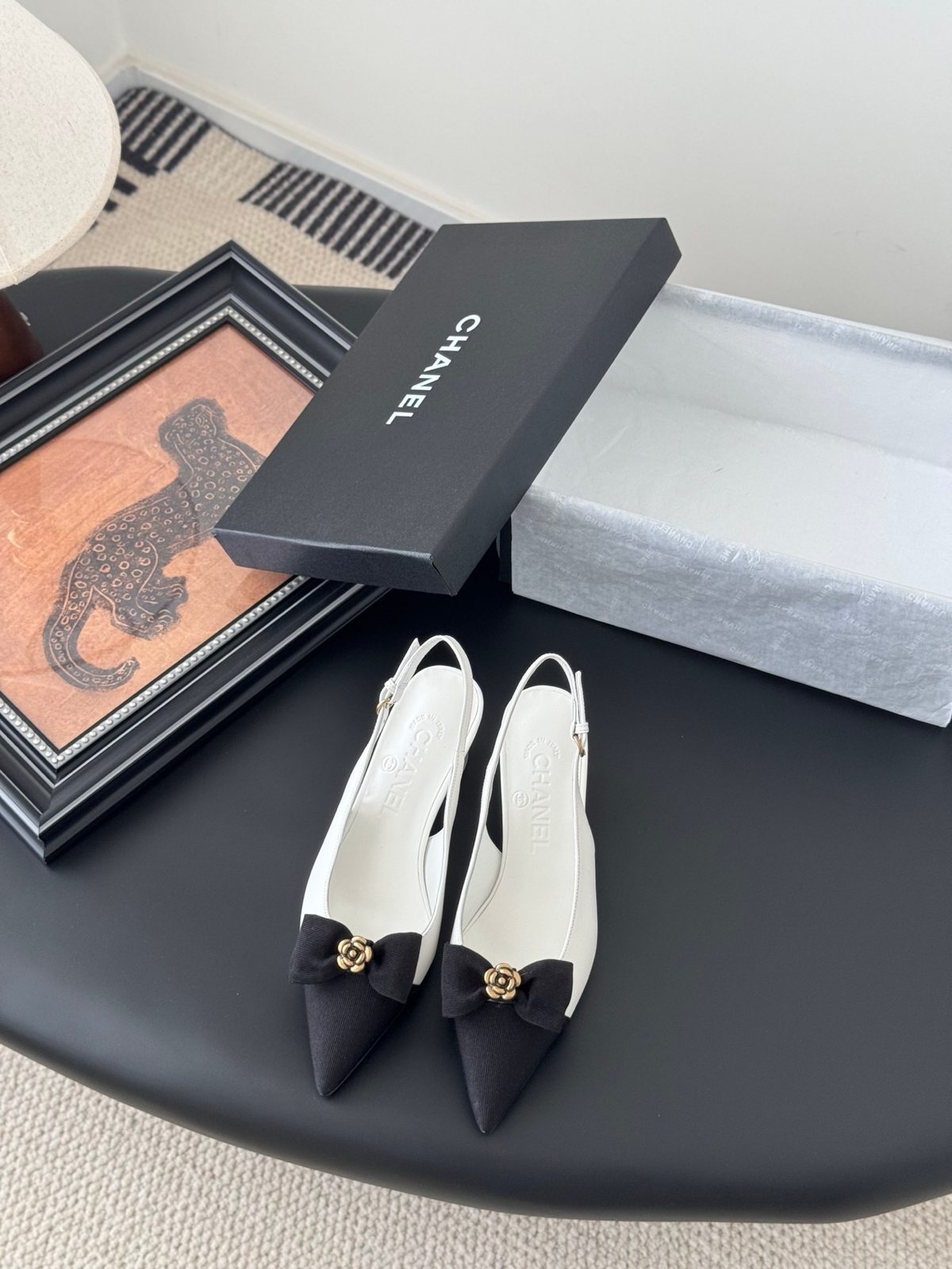 Chanel Black and White Slingback Heels