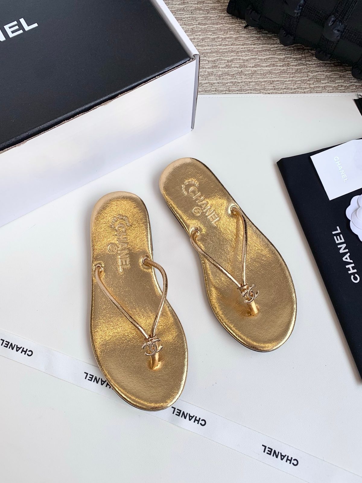 Chanel Gold Metallic Thong Sandals