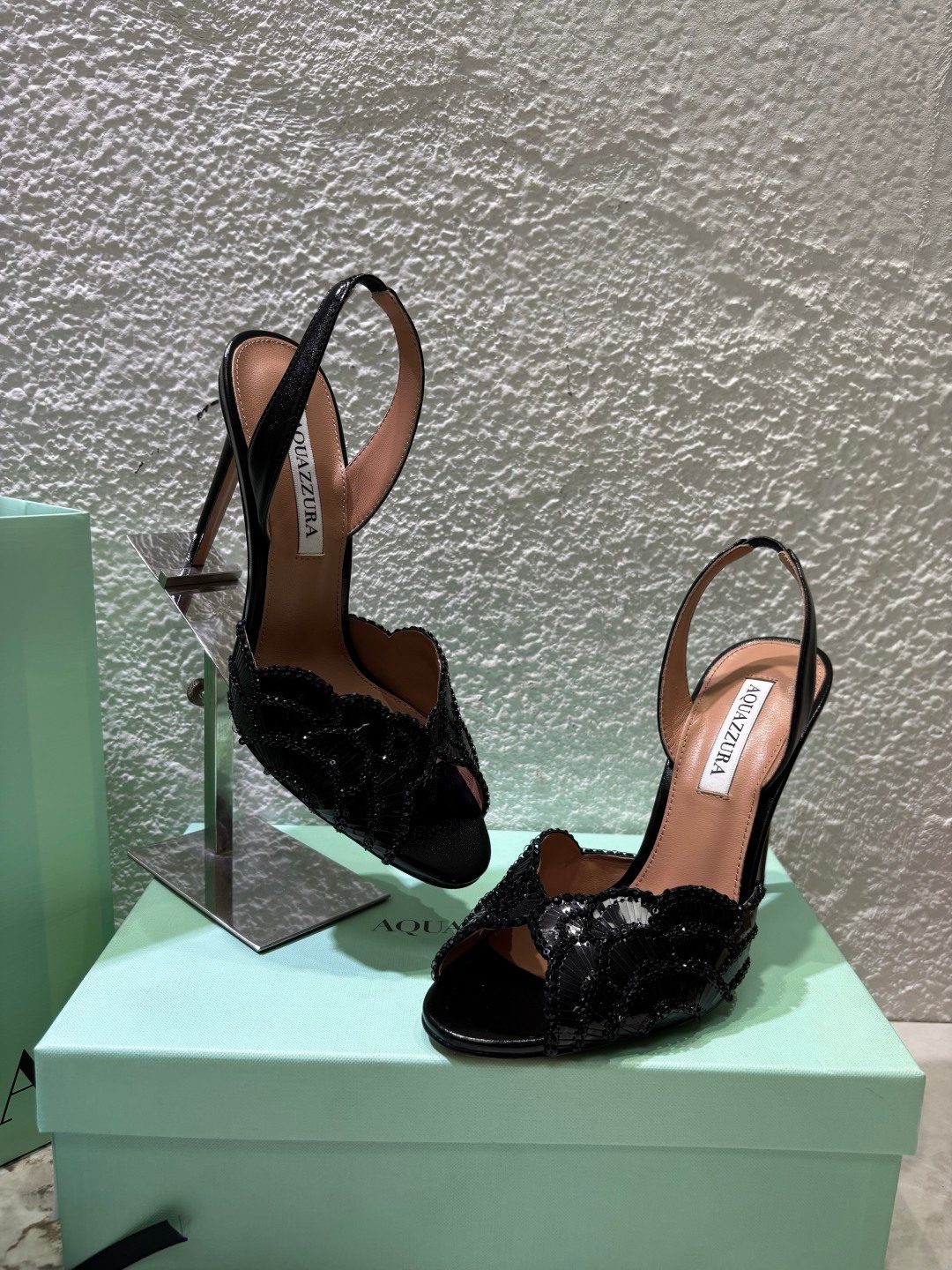 Aquazzura Black Sequin Slingback Heels