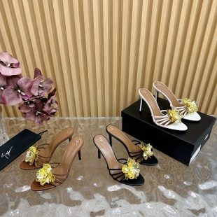 Designer Leather Heeled Sandals with Floral Ornament