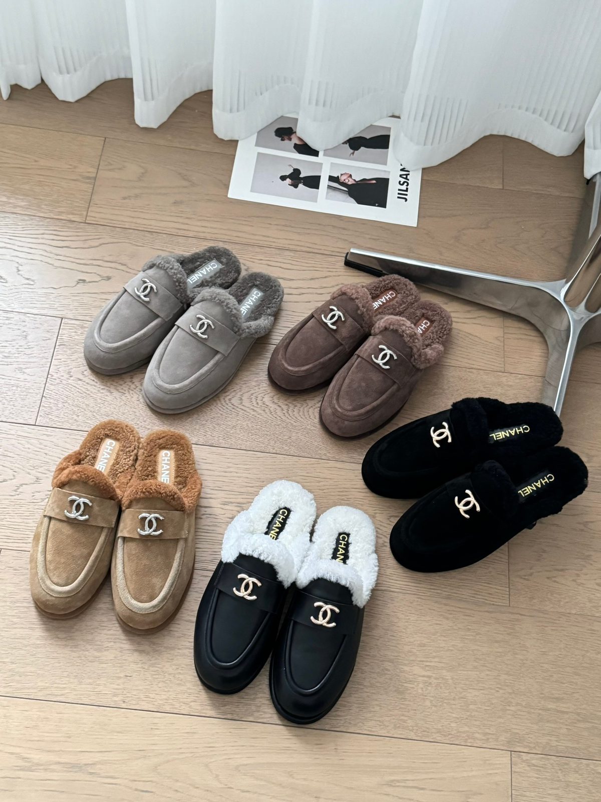 Chanel Shearling-Lined Suede Loafer Mules