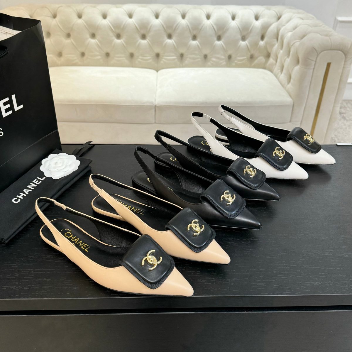 Chanel CC Logo Slingback Pointed Toe Flats