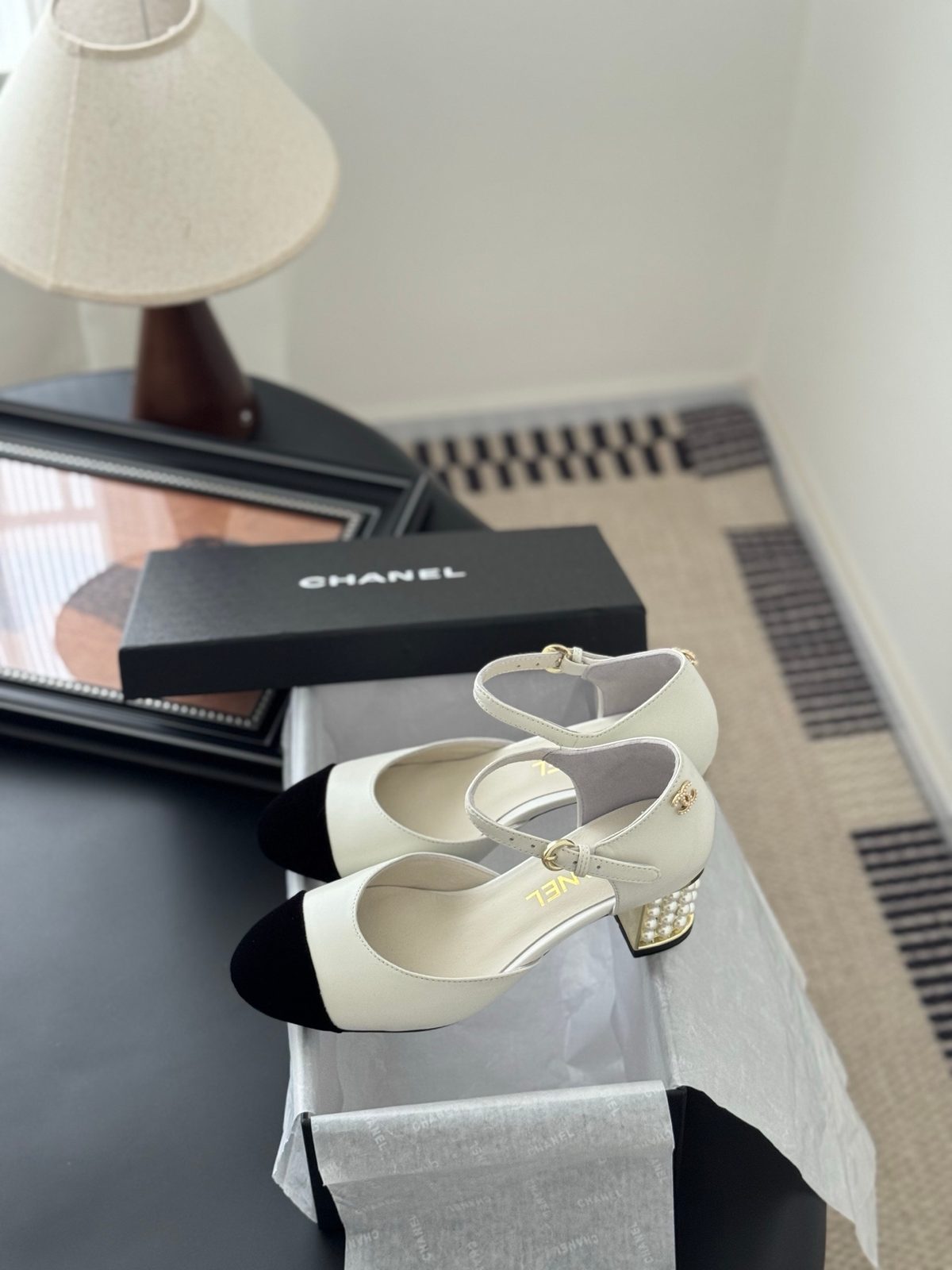 Chanel Pearl-Embellished White Leather Mary Jane Heels
