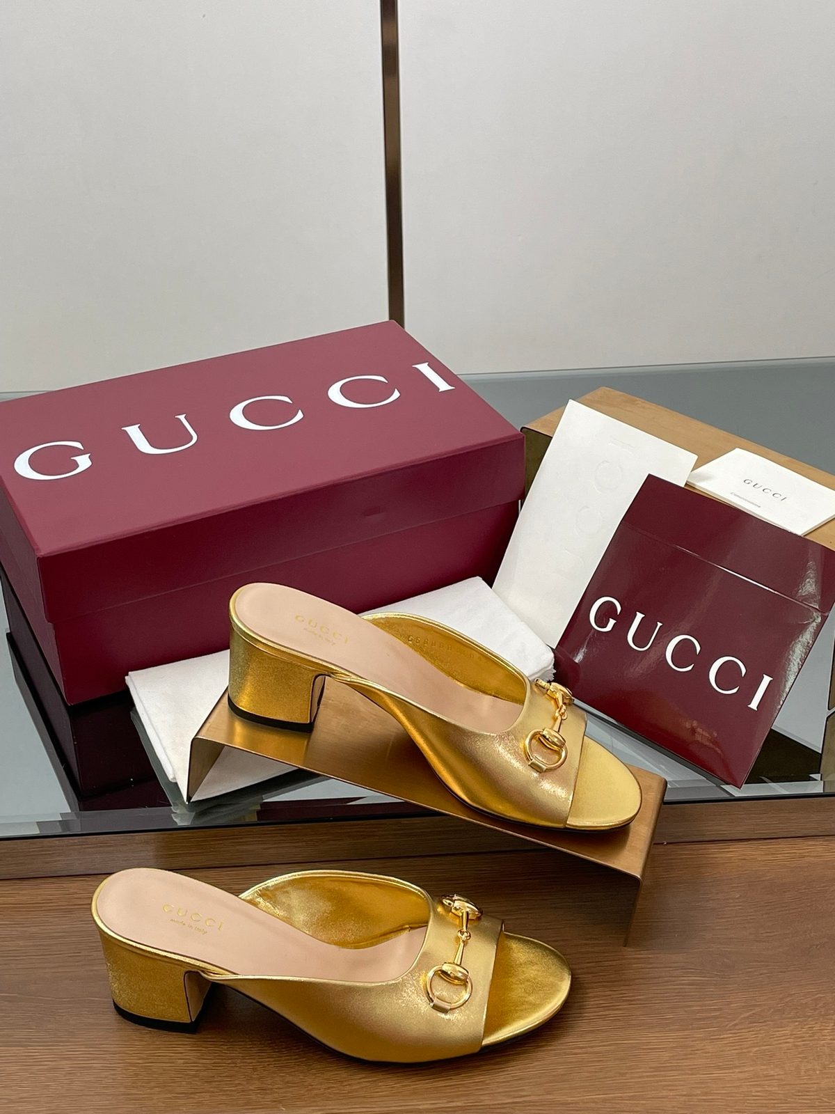Gucci Horsebit Gold Leather Mule Heels