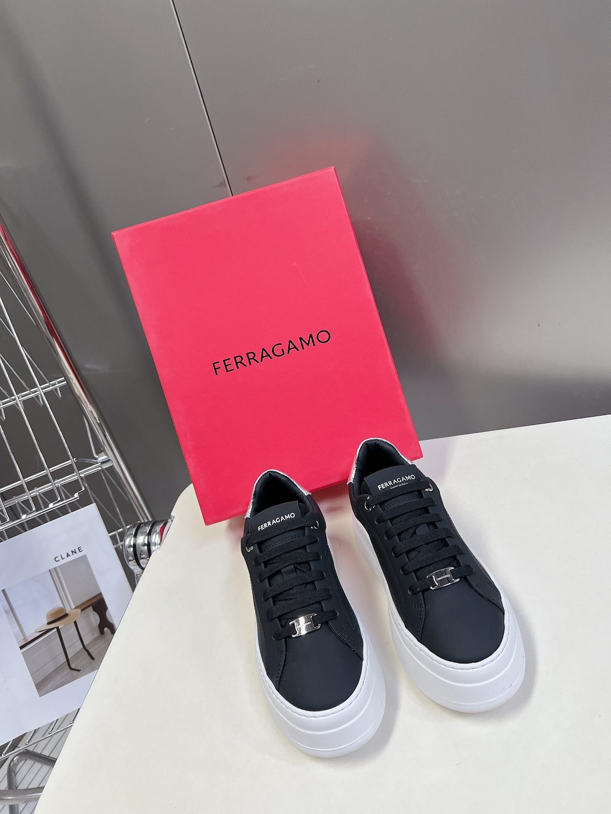 Ferragamo Black Leather Platform Sneakers