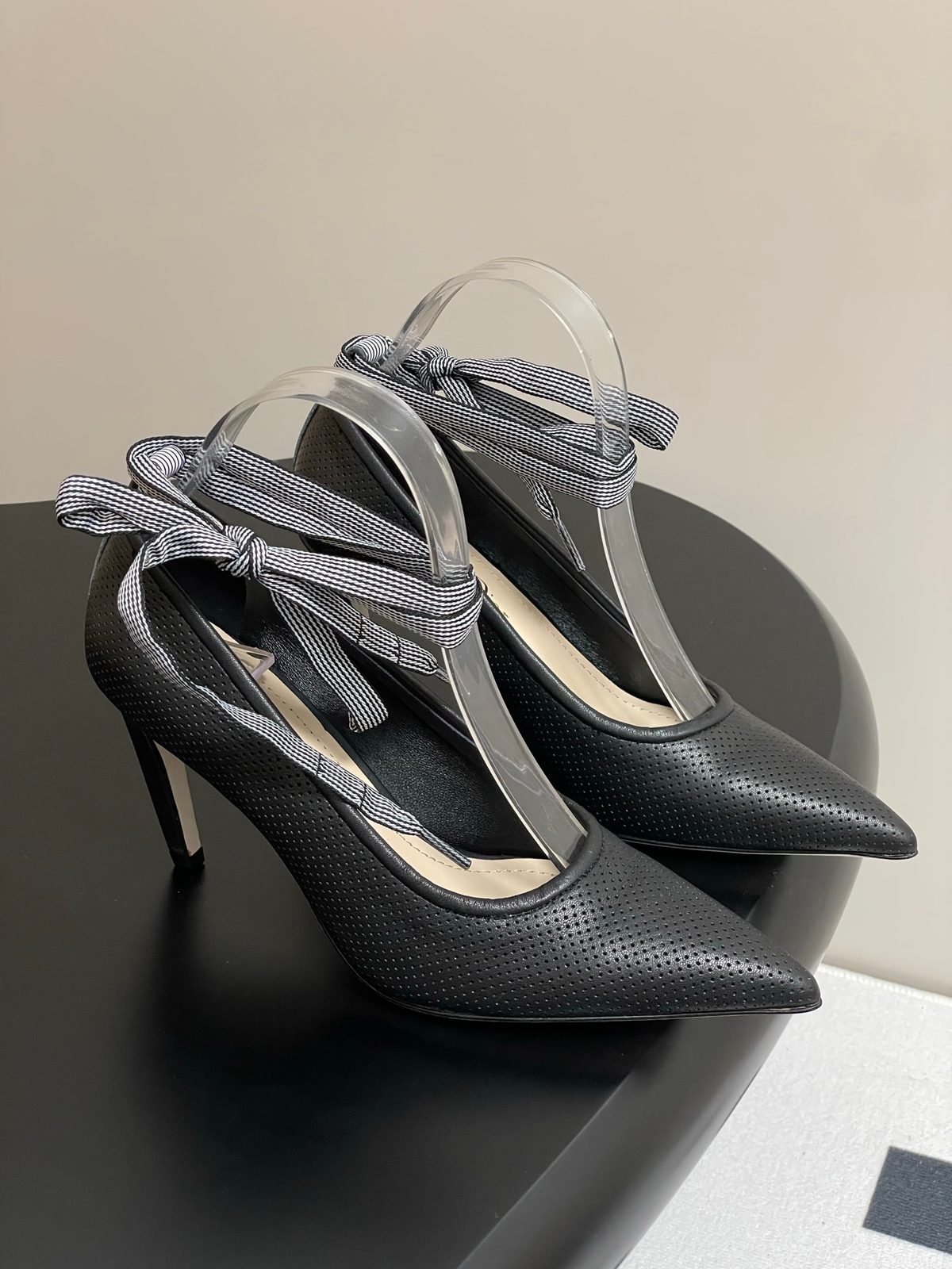 Black Perforated Leather Ankle Strap Pumps