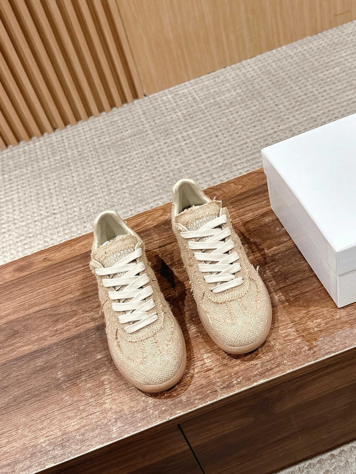 Beige Canvas Lace-Up Sneakers with Gum Sole