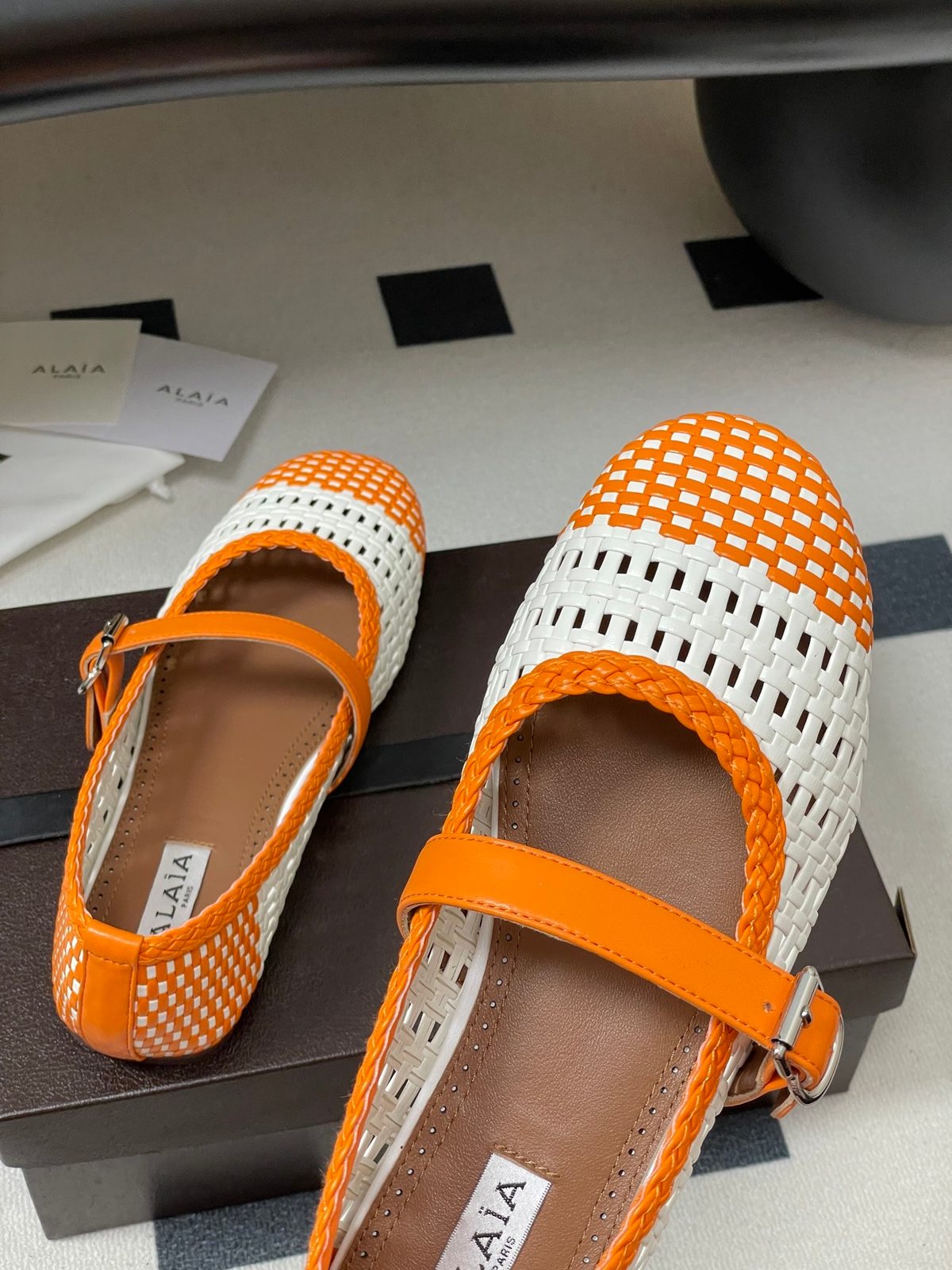Alaia Orange and White Woven Mary Jane Flats