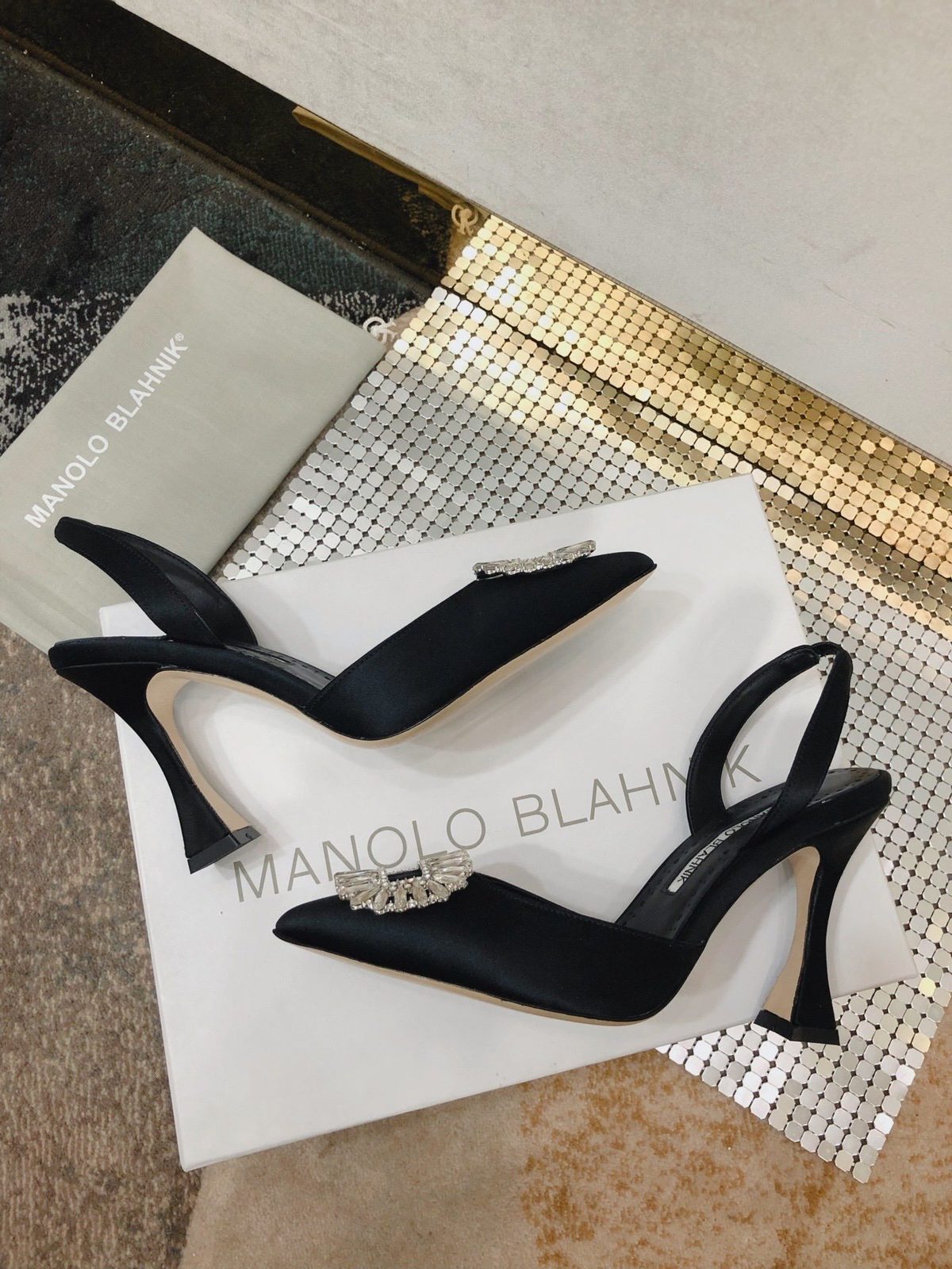 Manolo Blahnik Black Satin Slingback Heels