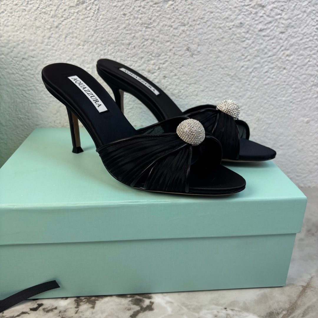 Aquazzura Black Satin Mule with Crystal Embellishment