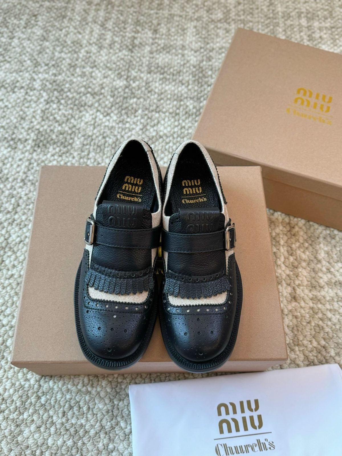Miu Miu Black Leather Loafers with Canvas Trim