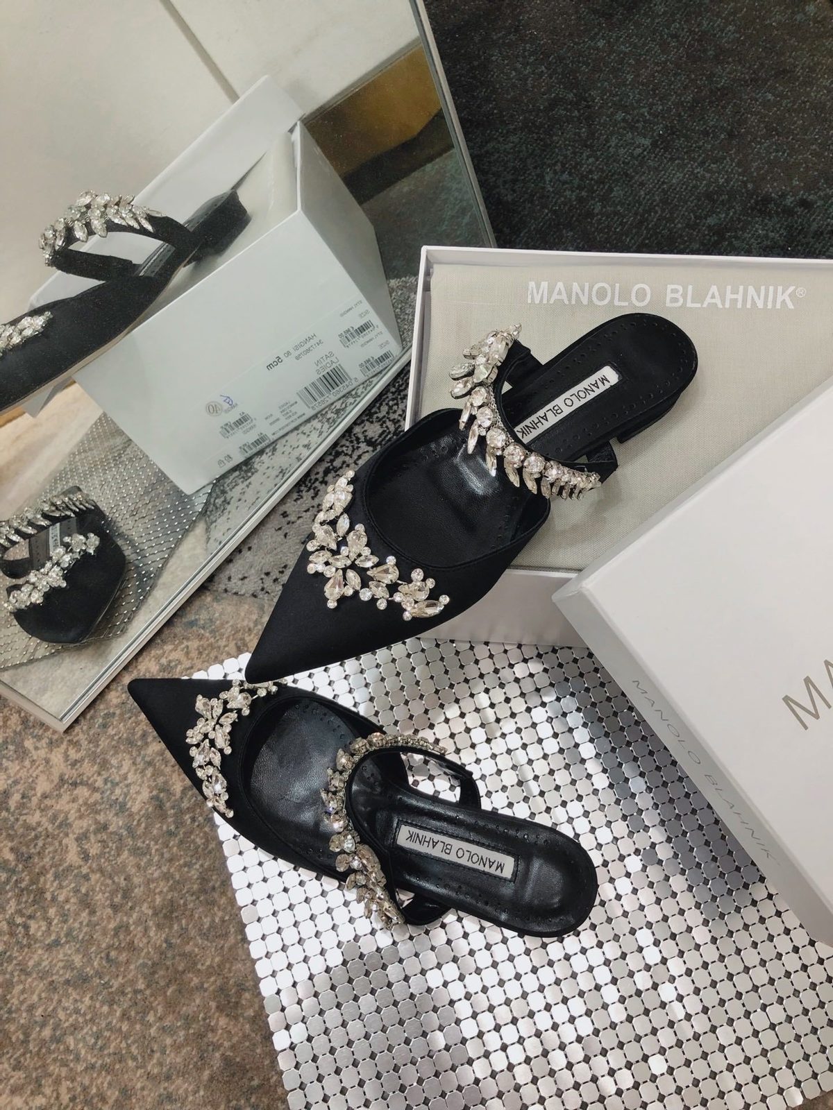 Manolo Blahnik Embellished Black Mule Heels